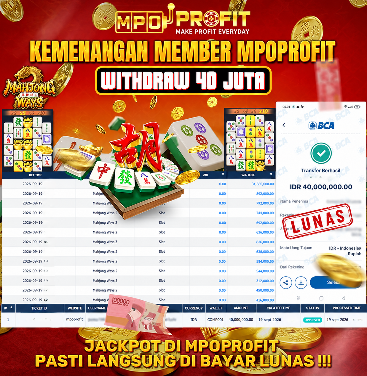 MPOPROFIT JACKPOT SLOT PGSOFT! KEMENANGAN MURNI DI (MAHJONG WAYS 2 TOTAL RP. 40.000.00,- LUNAS)